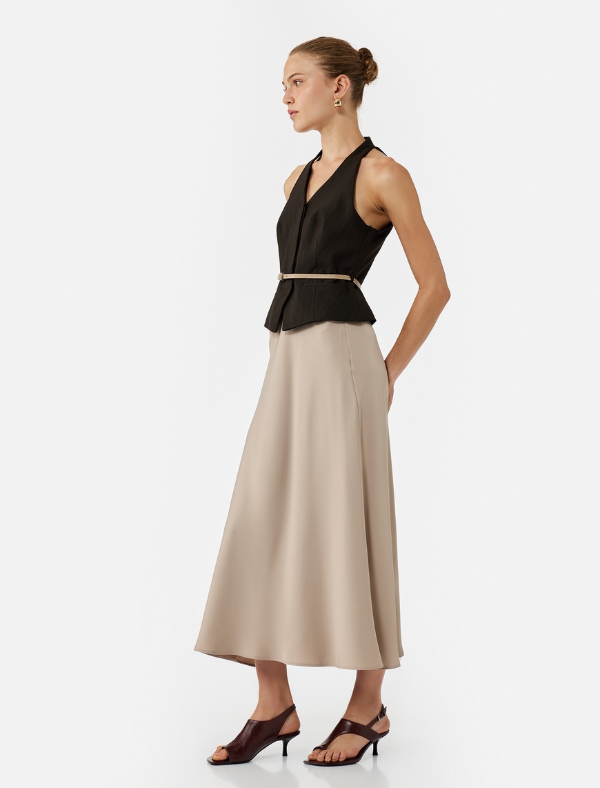   Regular Fit Midi Boy Saten Kloş Etek