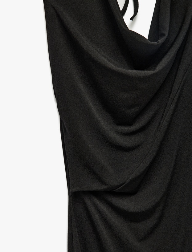 Krep Kumaş Slim Fit Boyundan Bağlamalı Halter Yaka Midi Boy Elbise_5