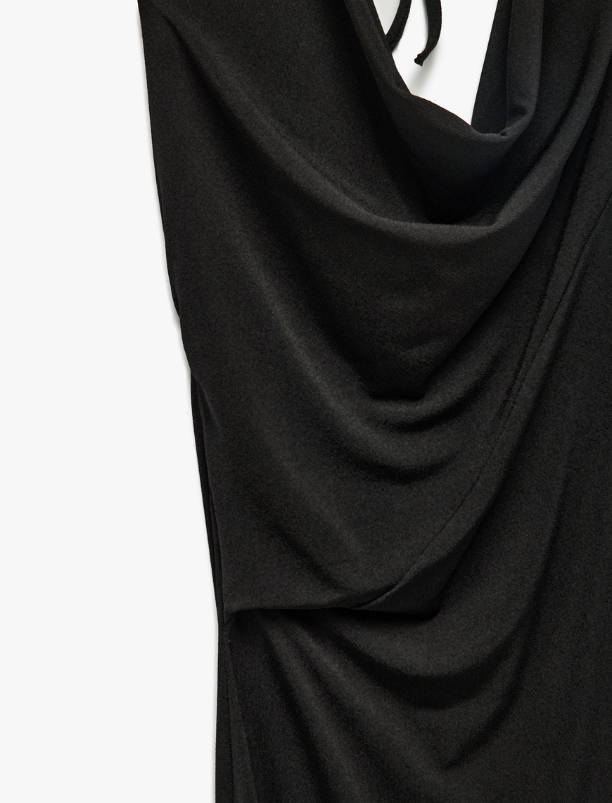   Krep Kumaş Slim Fit Boyundan Bağlamalı Halter Yaka Midi Boy Elbise