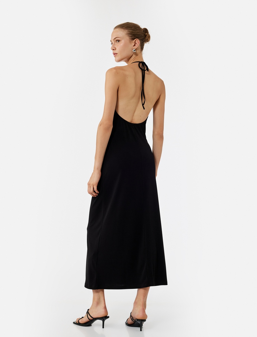   Krep Kumaş Slim Fit Boyundan Bağlamalı Halter Yaka Midi Boy Elbise