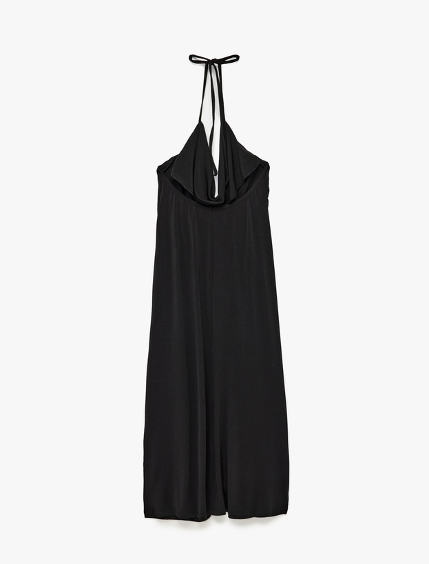 Krep Kumaş Slim Fit Boyundan Bağlamalı Halter Yaka Midi Boy Elbise_4
