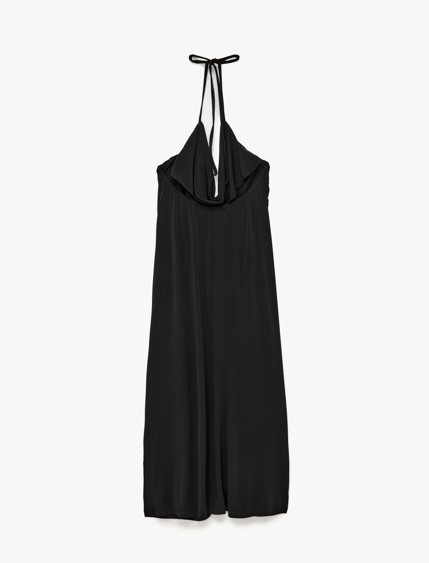   Krep Kumaş Slim Fit Boyundan Bağlamalı Halter Yaka Midi Boy Elbise