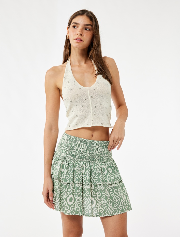  Katlı Gipe Detaylı Desenli Viskon Mini Etek