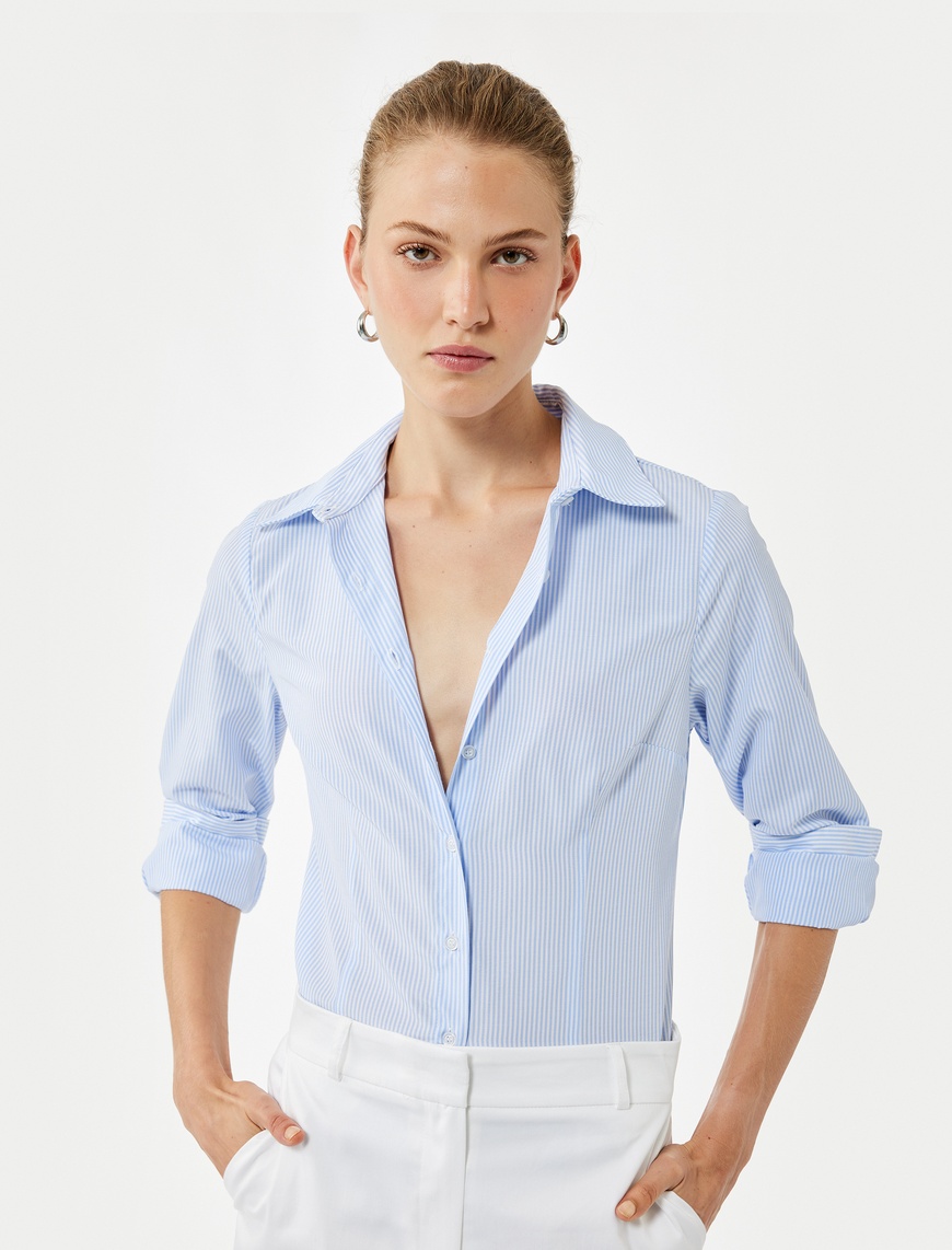   Slim Fit Uzun Kollu Klasik Yaka Çizgili Gömlek