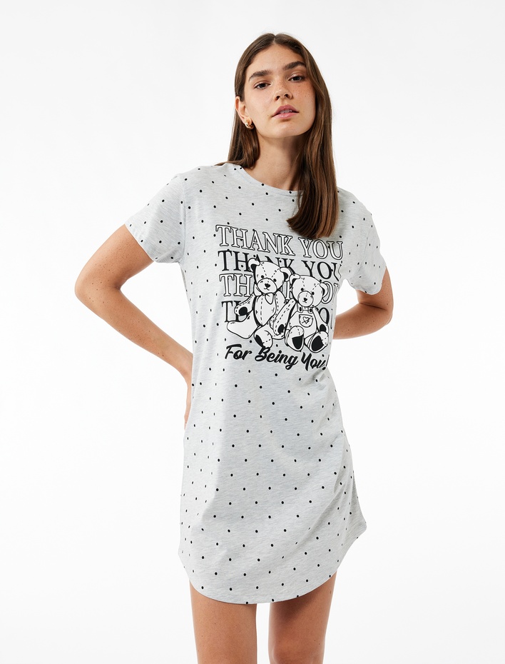  Kısa Kollu Bisiklet Yaka Ayıcık Baskılı Gecelik