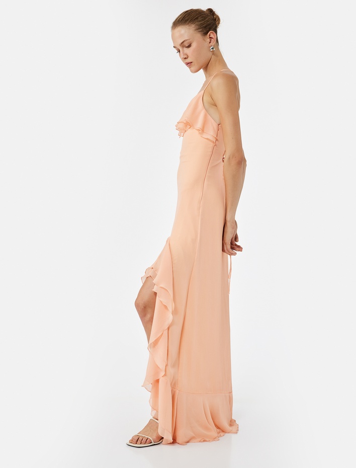  Koton X Sibil Çetinkaya - Volanlı Fırfırlı Asimetrik Kesim Slim Fit Askılı Elbise