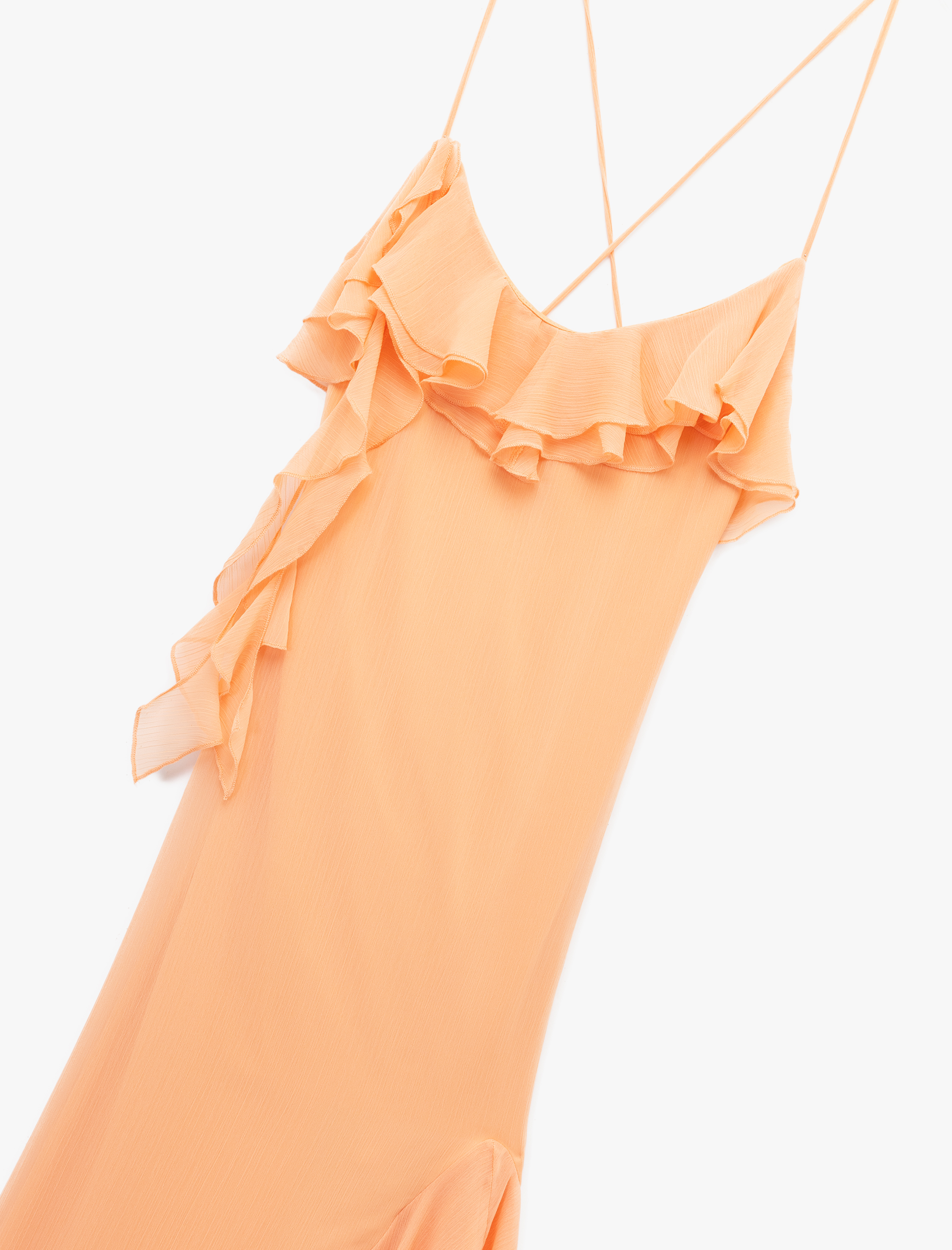   Koton X Sibil Çetinkaya - Volanlı Fırfırlı Asimetrik Kesim Slim Fit Askılı Elbise