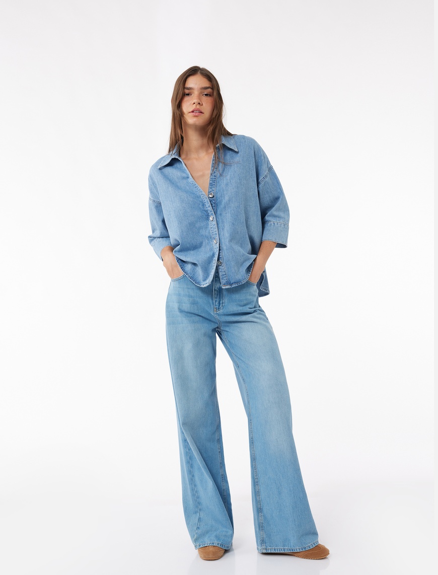   Oversize V Yaka Pamuklu Yarım Kollu Jean Gömlek