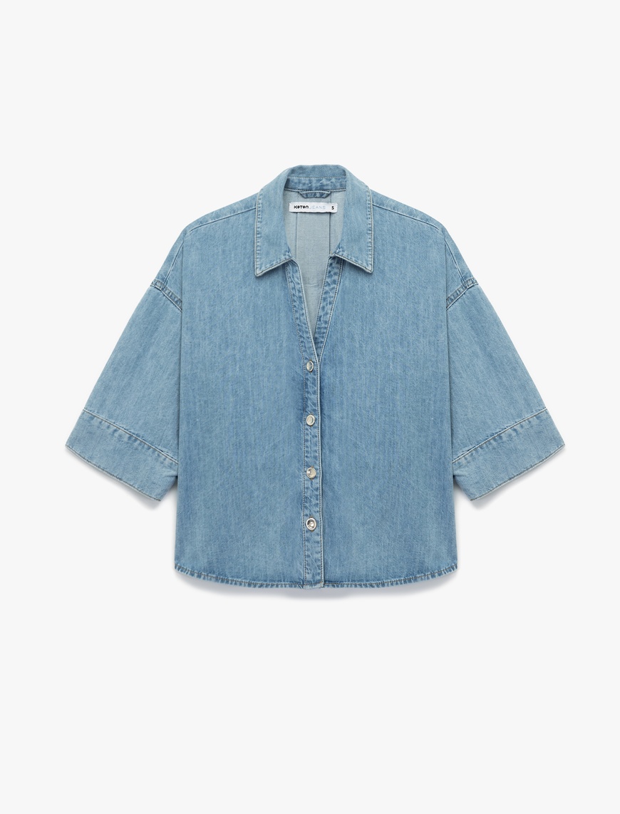   Oversize V Yaka Pamuklu Yarım Kollu Jean Gömlek