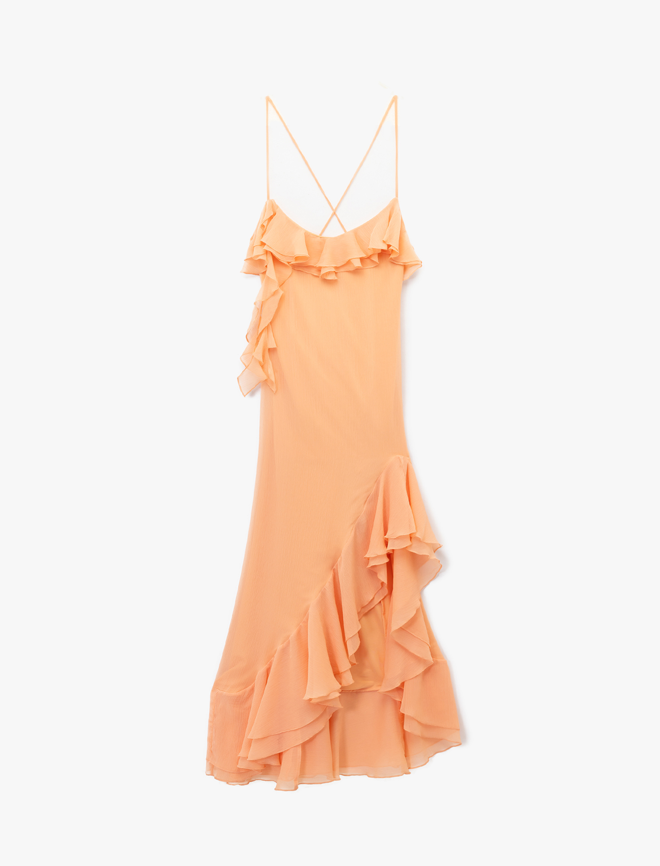   Koton X Sibil Çetinkaya - Volanlı Fırfırlı Asimetrik Kesim Slim Fit Askılı Elbise