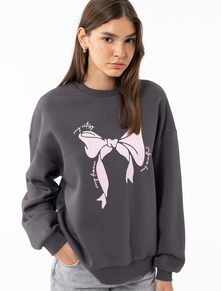  Uzun Kollu Bisiklet Yaka Şardonlu Fiyonk Baskılı Sweatshirt