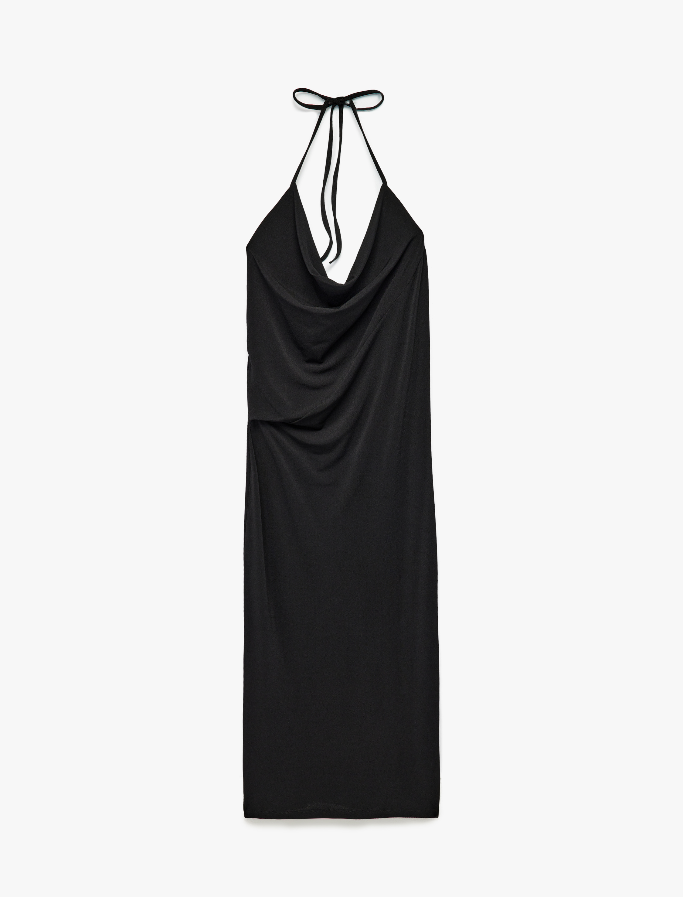 Krep Kumaş Slim Fit Boyundan Bağlamalı Halter Yaka Midi Boy Elbise
