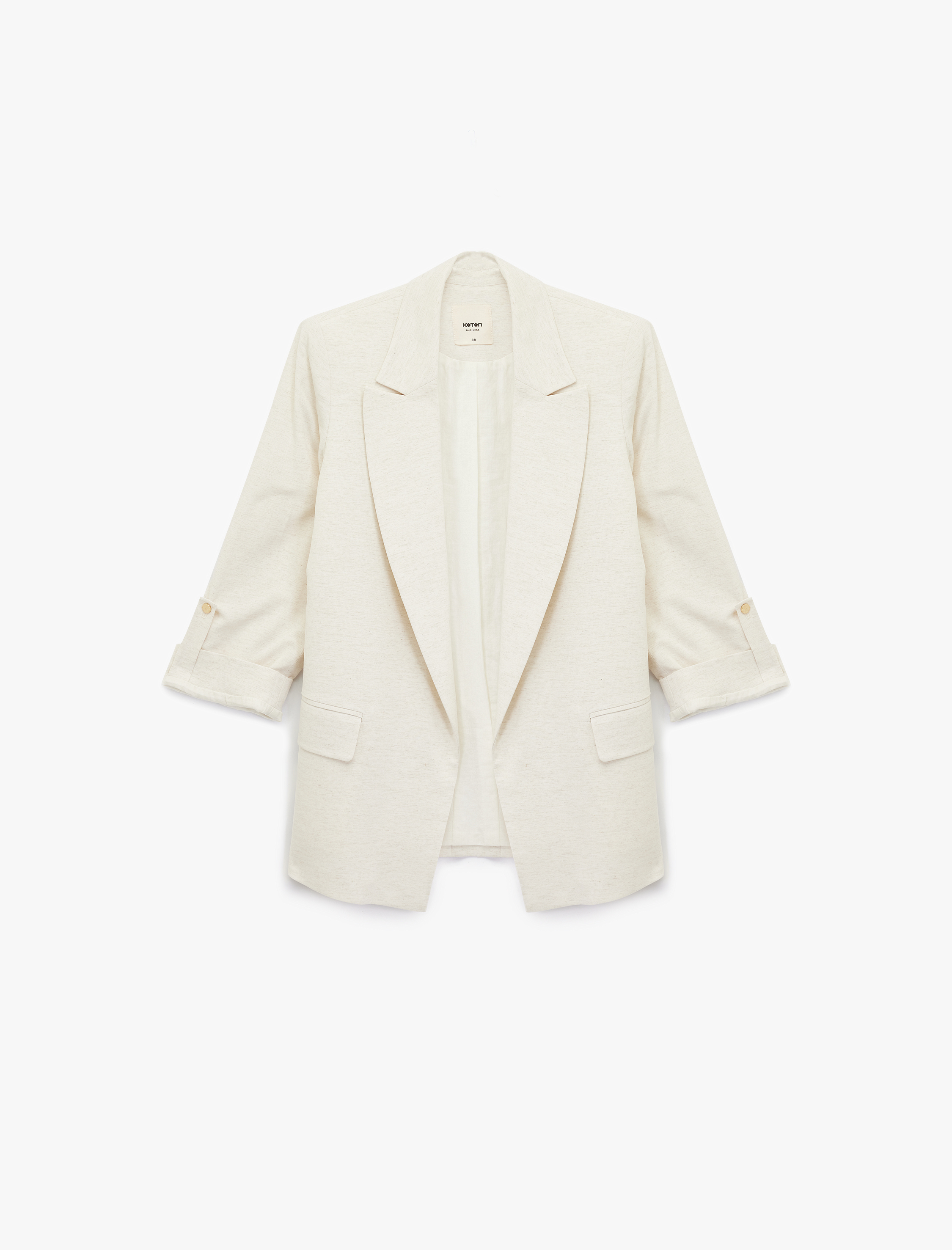   Keten Karışımlı Cepli Kıvırmalı 3/4 Kollu Blazer Ceket
