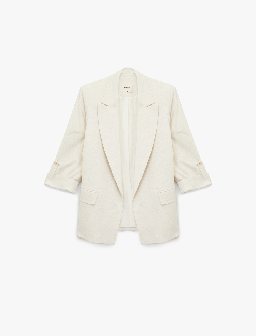   Keten Karışımlı Cepli Kıvırmalı 3/4 Kollu Blazer Ceket