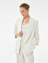 Keten Karışımlı Cepli Kıvırmalı 3/4 Kollu Blazer Ceket