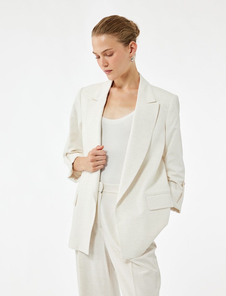   Keten Karışımlı Cepli Kıvırmalı 3/4 Kollu Blazer Ceket