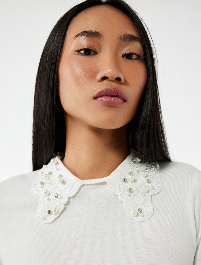  Uzun Kollu Bebe Yaka Taşlı Triko Kazak