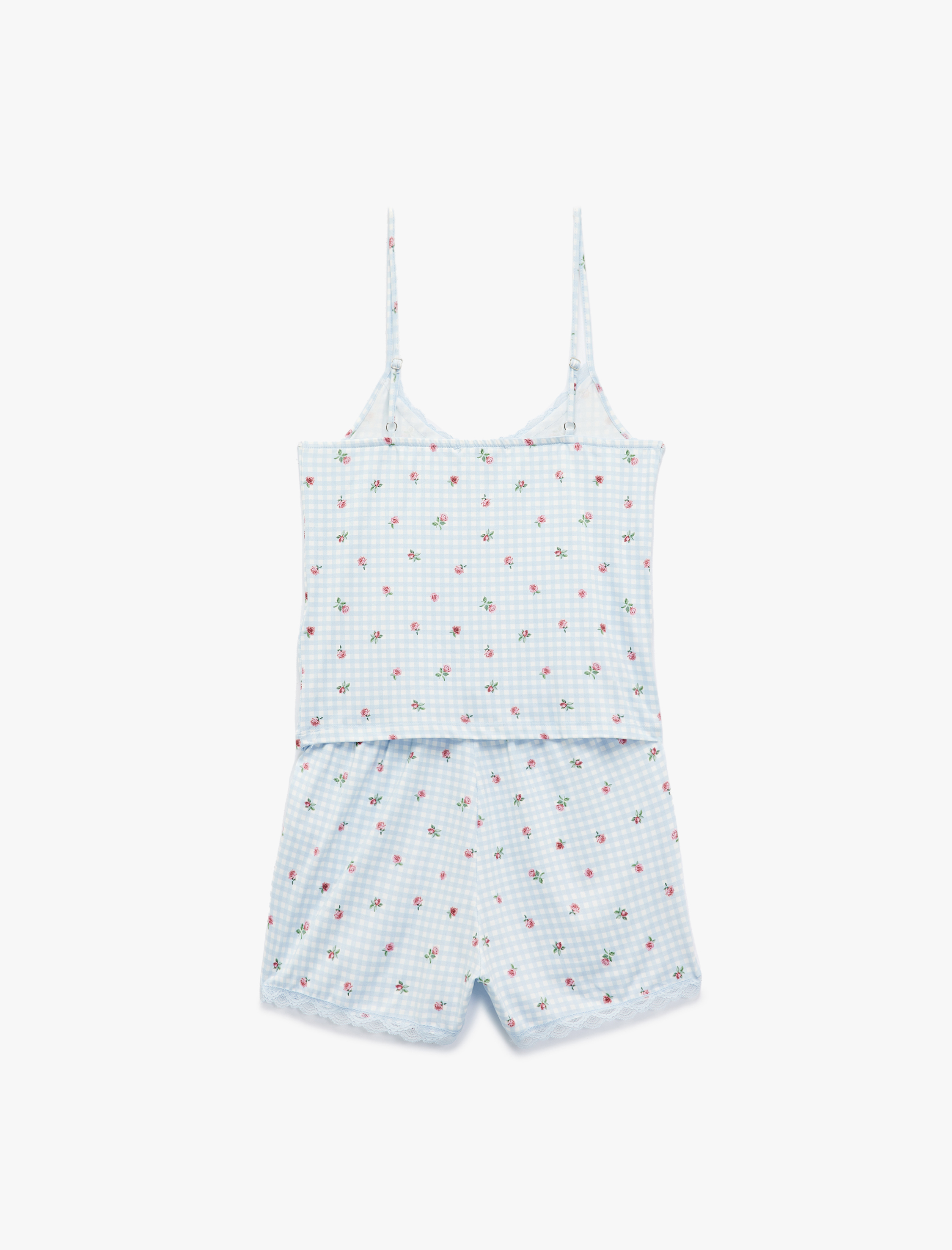   Dantelli Askılı Pötikareli Çiçekli Şortlu Pijama Takımı