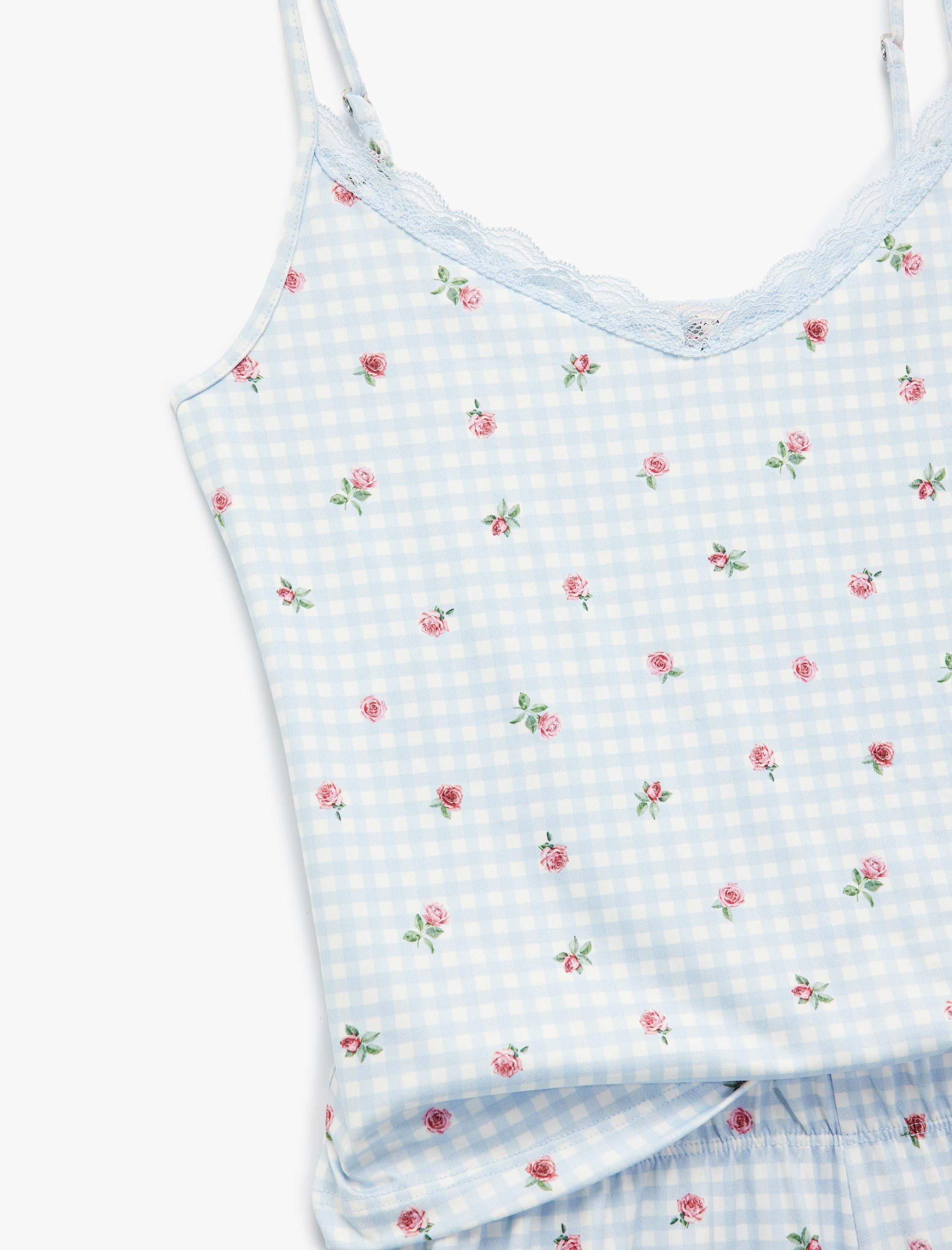   Dantelli Askılı Pötikareli Çiçekli Şortlu Pijama Takımı