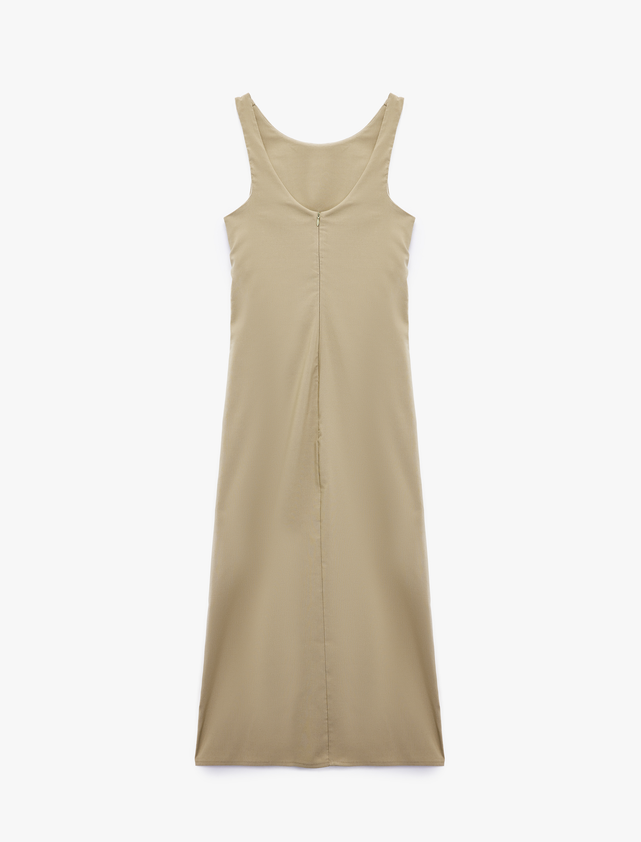   Slim Fit Kolsuz Bisiklet Yaka Drape Detaylı Midi Boy Yırtmaçlı Elbise