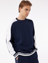 Uzun Kollu Renk Kontrastlı Pamuklu Bisiklet Yaka Sweatshirt