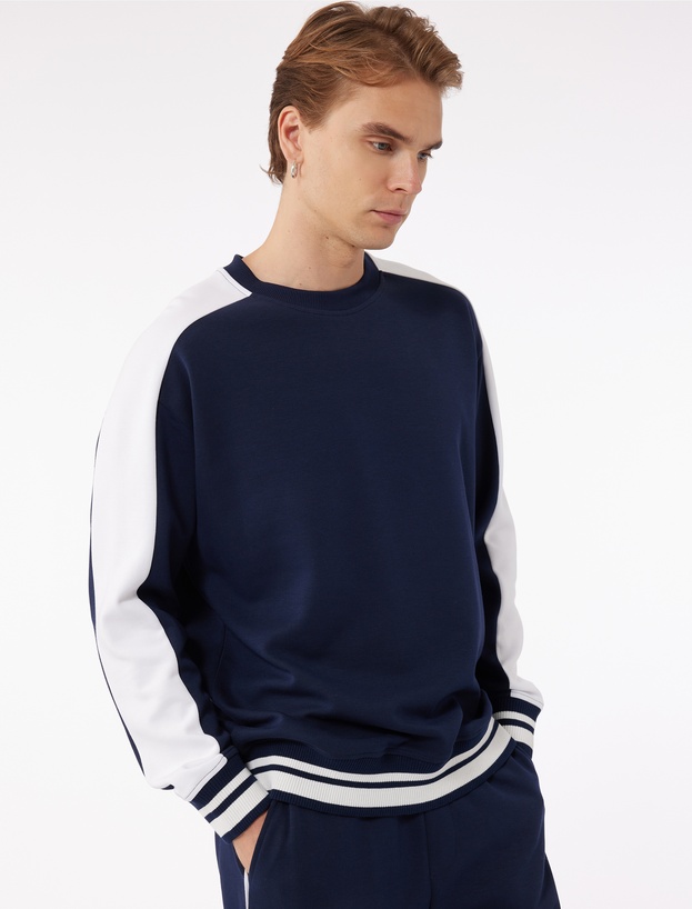 Uzun Kollu Renk Kontrastlı Pamuklu Bisiklet Yaka Sweatshirt_0
