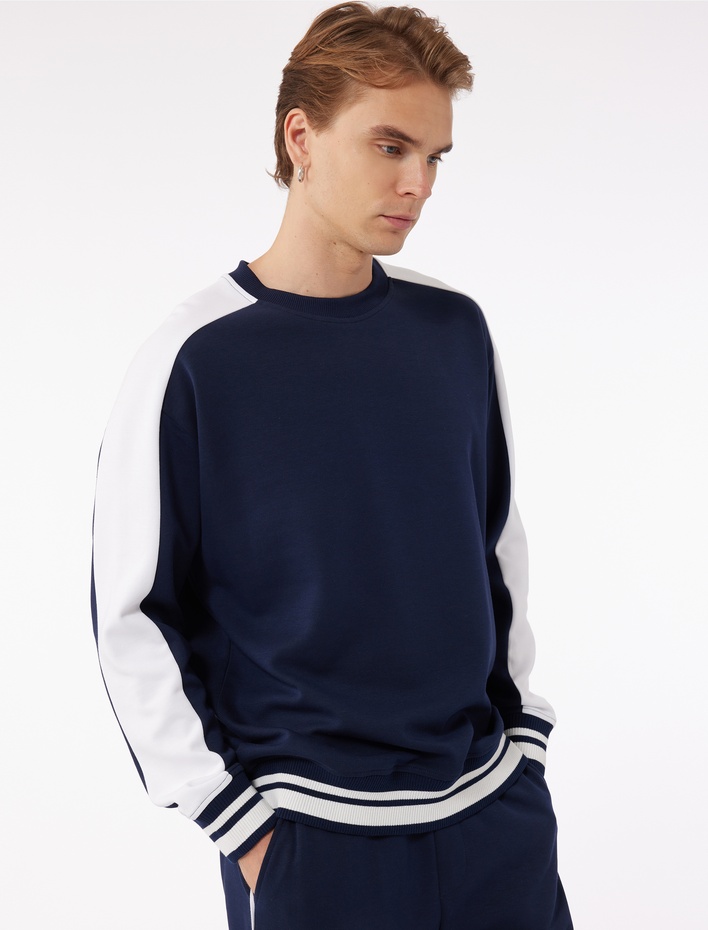  Uzun Kollu Renk Kontrastlı Pamuklu Bisiklet Yaka Sweatshirt