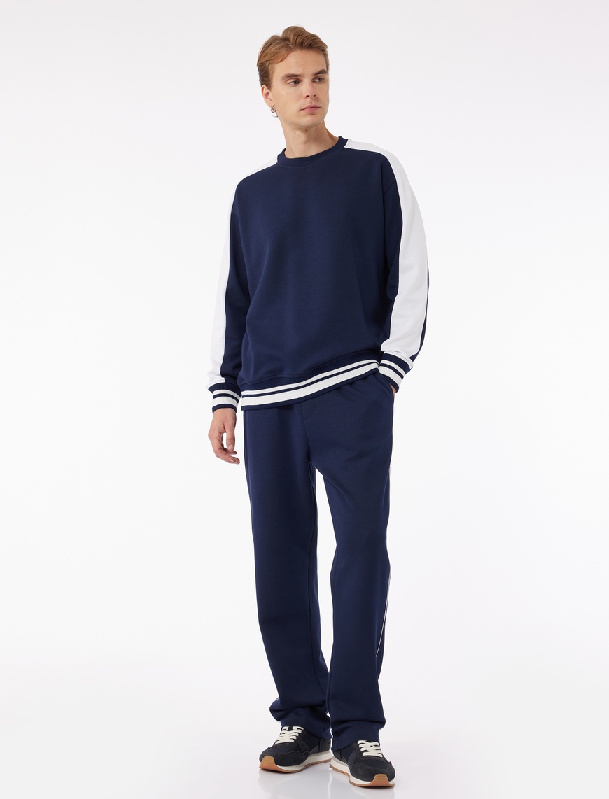   Uzun Kollu Renk Kontrastlı Pamuklu Bisiklet Yaka Sweatshirt