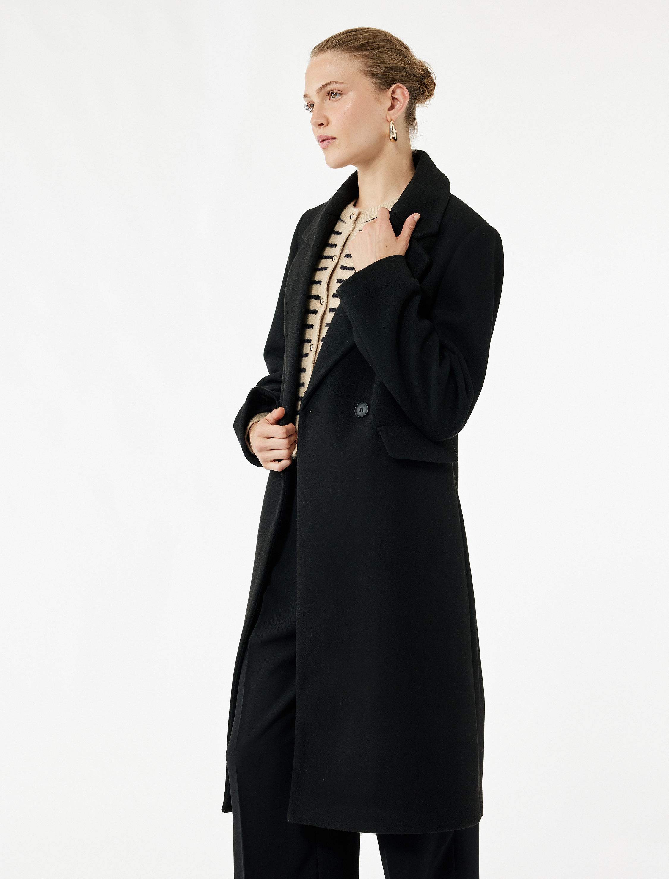   Cepli Kruvaze Uzun Kollu Ceket Yaka Uzun Kaşe Kaban