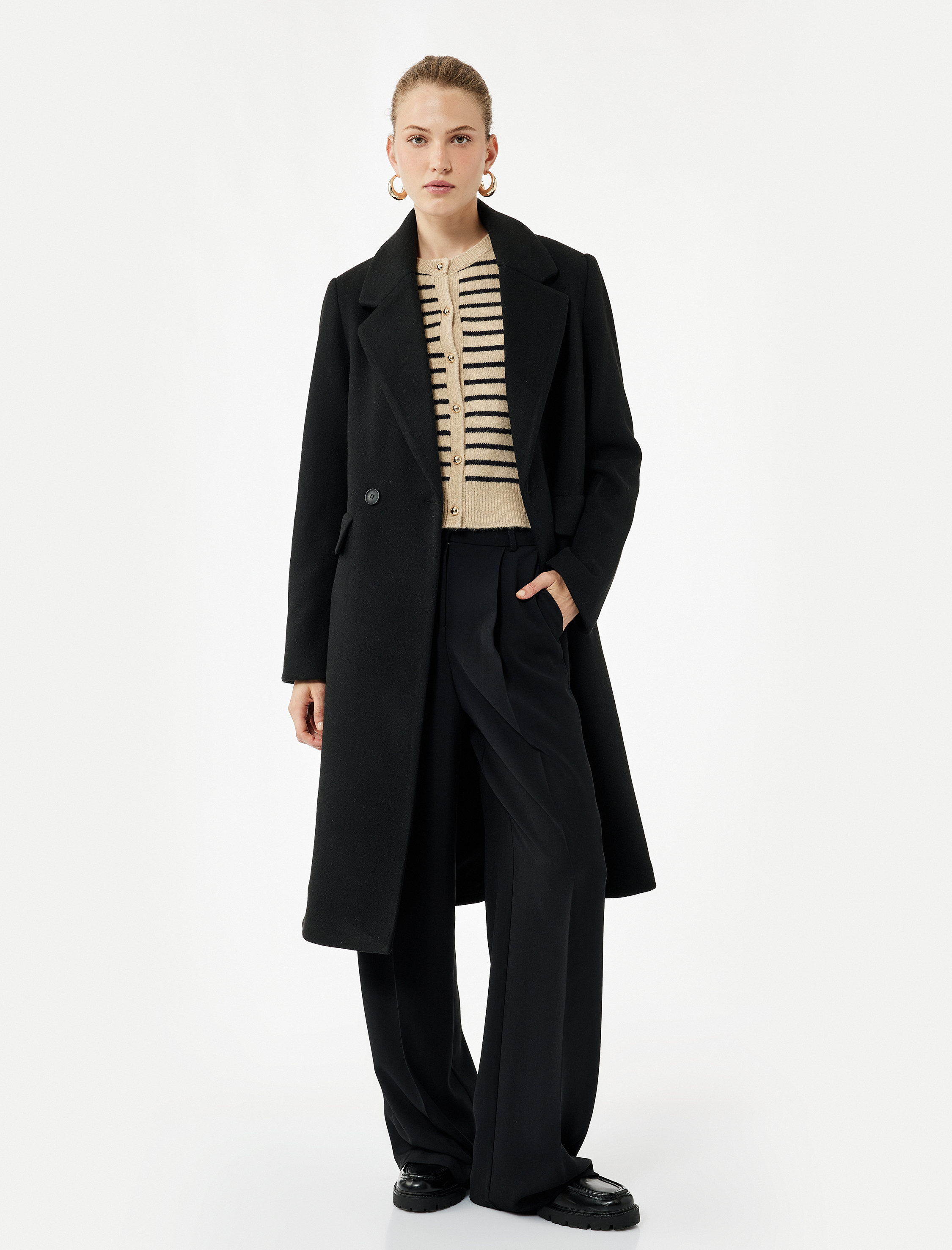   Cepli Kruvaze Uzun Kollu Ceket Yaka Uzun Kaşe Kaban