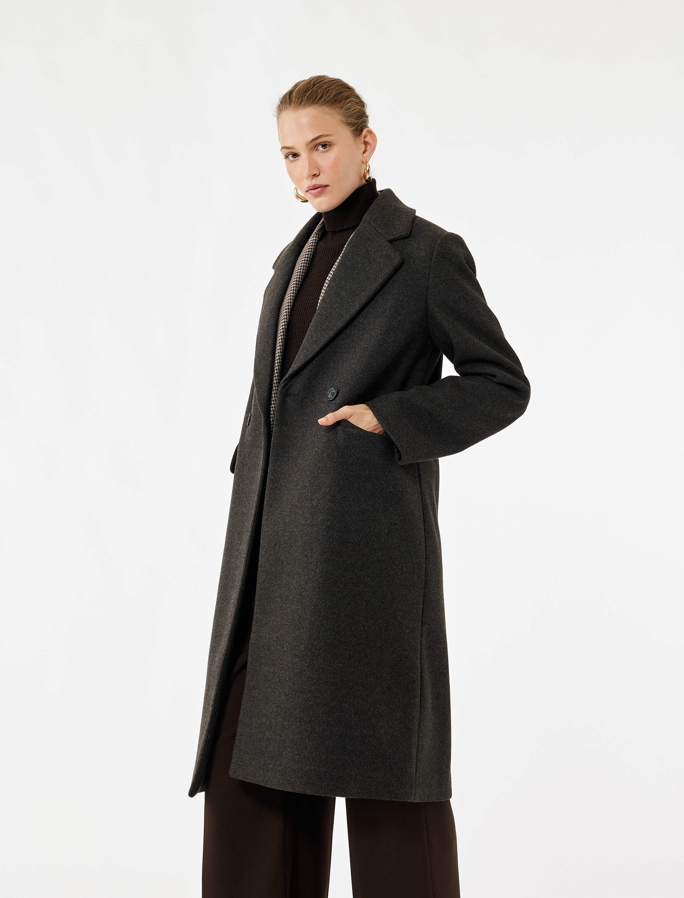   Cepli Kruvaze Uzun Kollu Ceket Yaka Uzun Kaşe Kaban