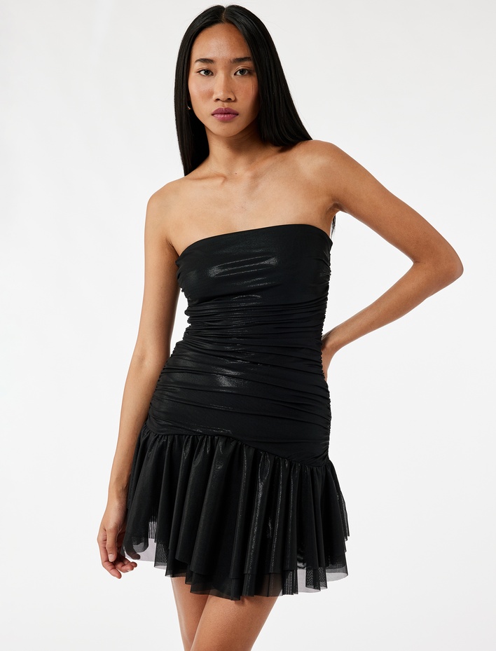  Straplez Drapeli Volanlı Mini Abiye Elbise