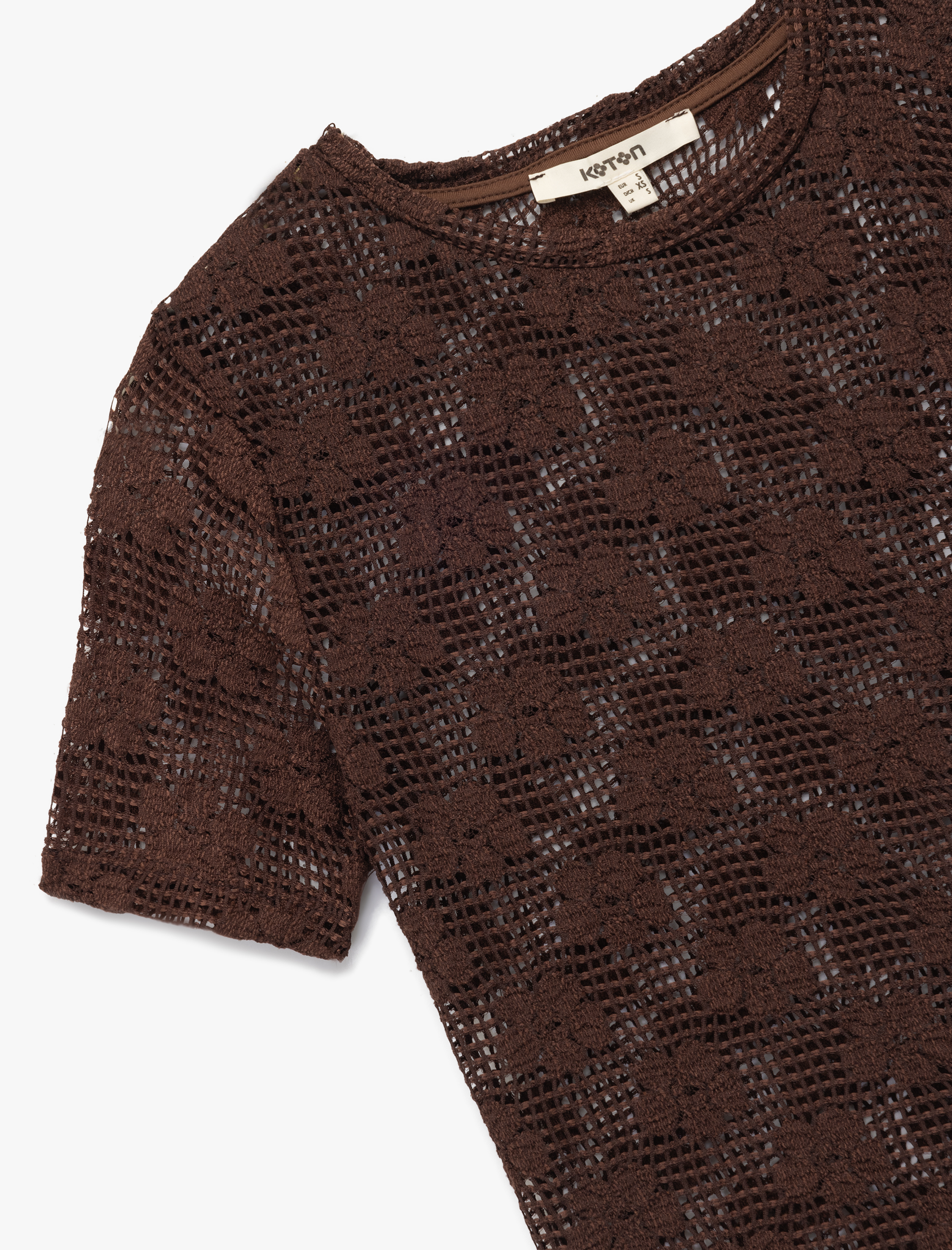   Slim Fit Kısa Kollu Kayık Yaka Ajurlu Kroşe Crop Tişört