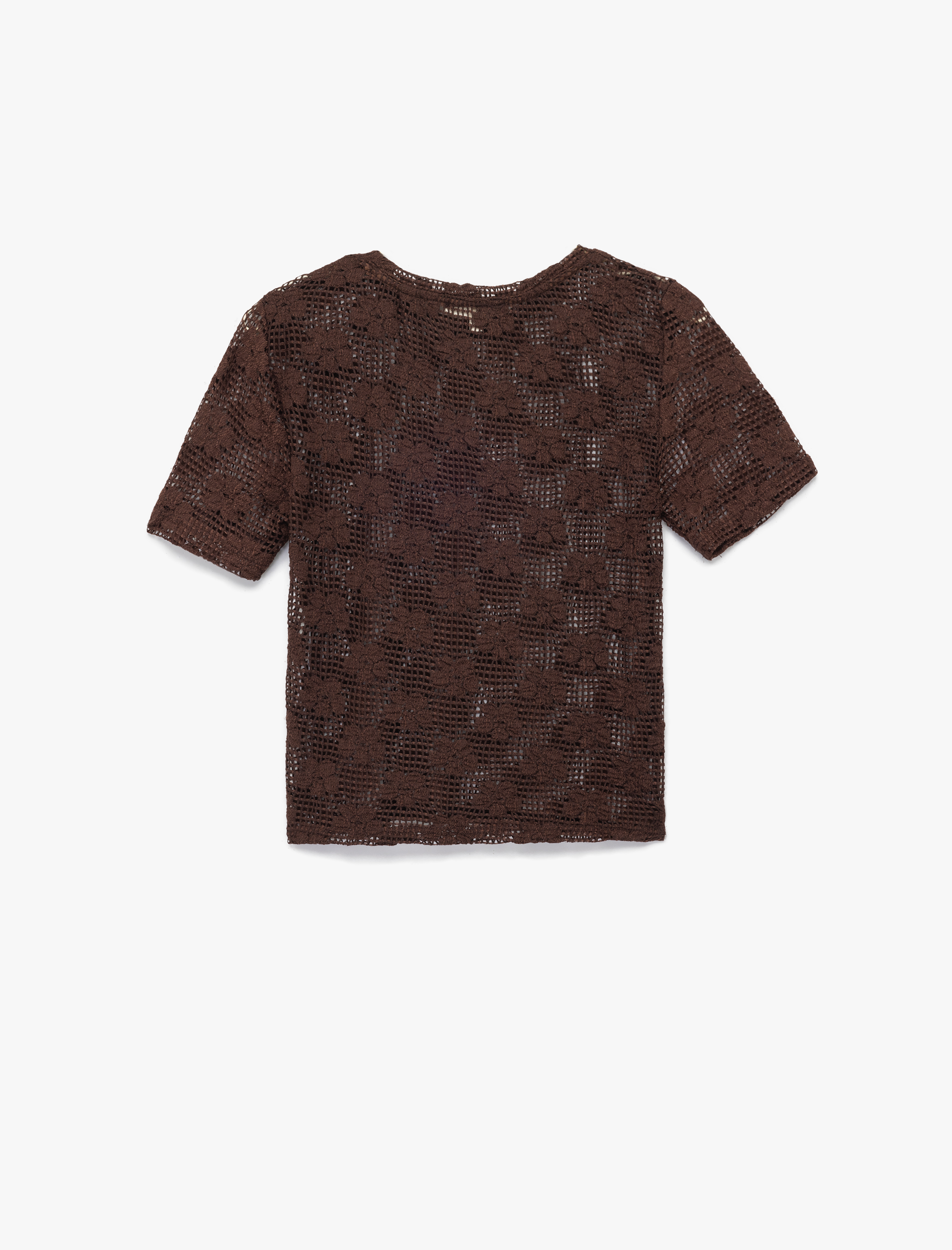   Slim Fit Kısa Kollu Kayık Yaka Ajurlu Kroşe Crop Tişört