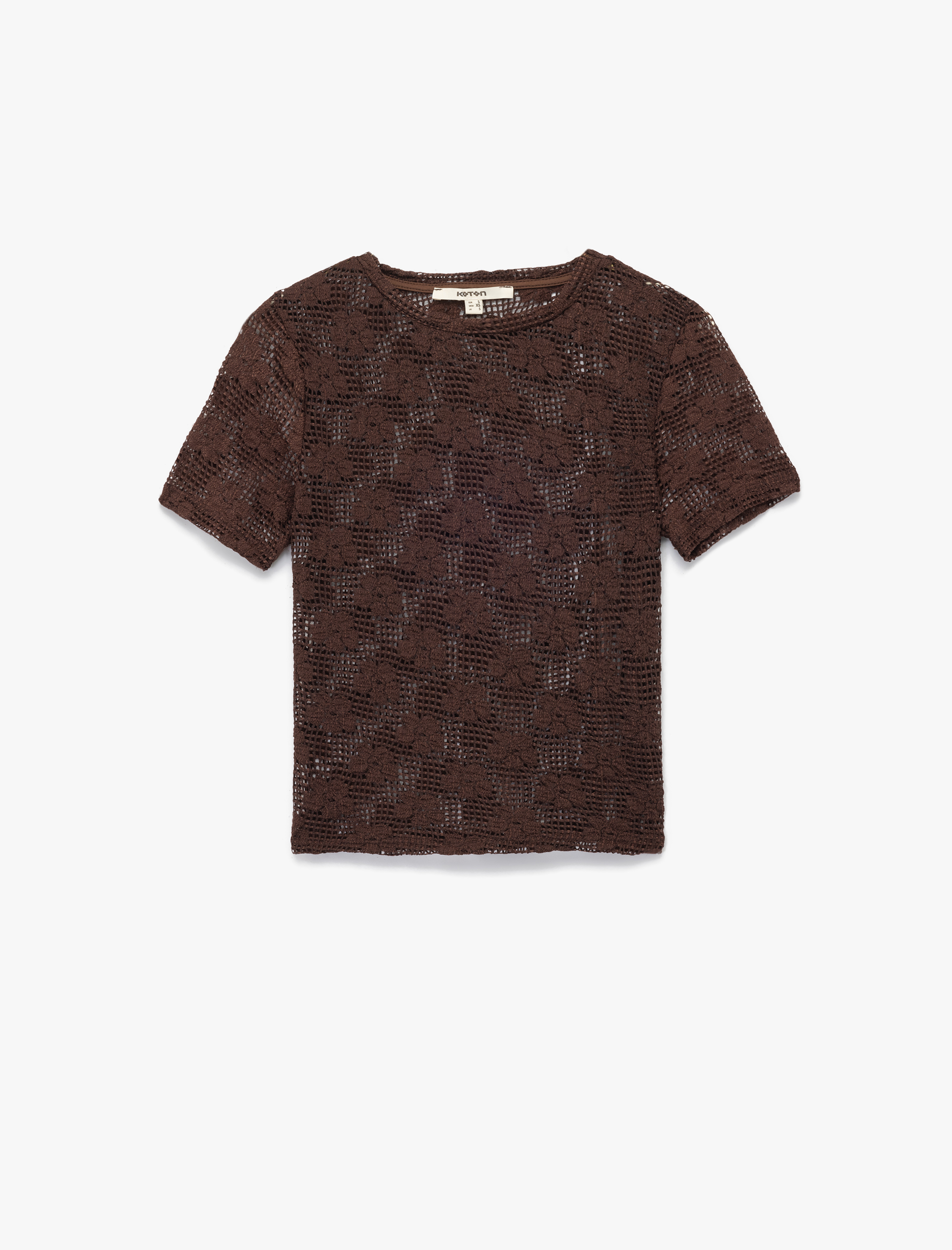   Slim Fit Kısa Kollu Kayık Yaka Ajurlu Kroşe Crop Tişört