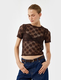 Slim Fit Kısa Kollu Kayık Yaka Ajurlu Kroşe Crop Tişört