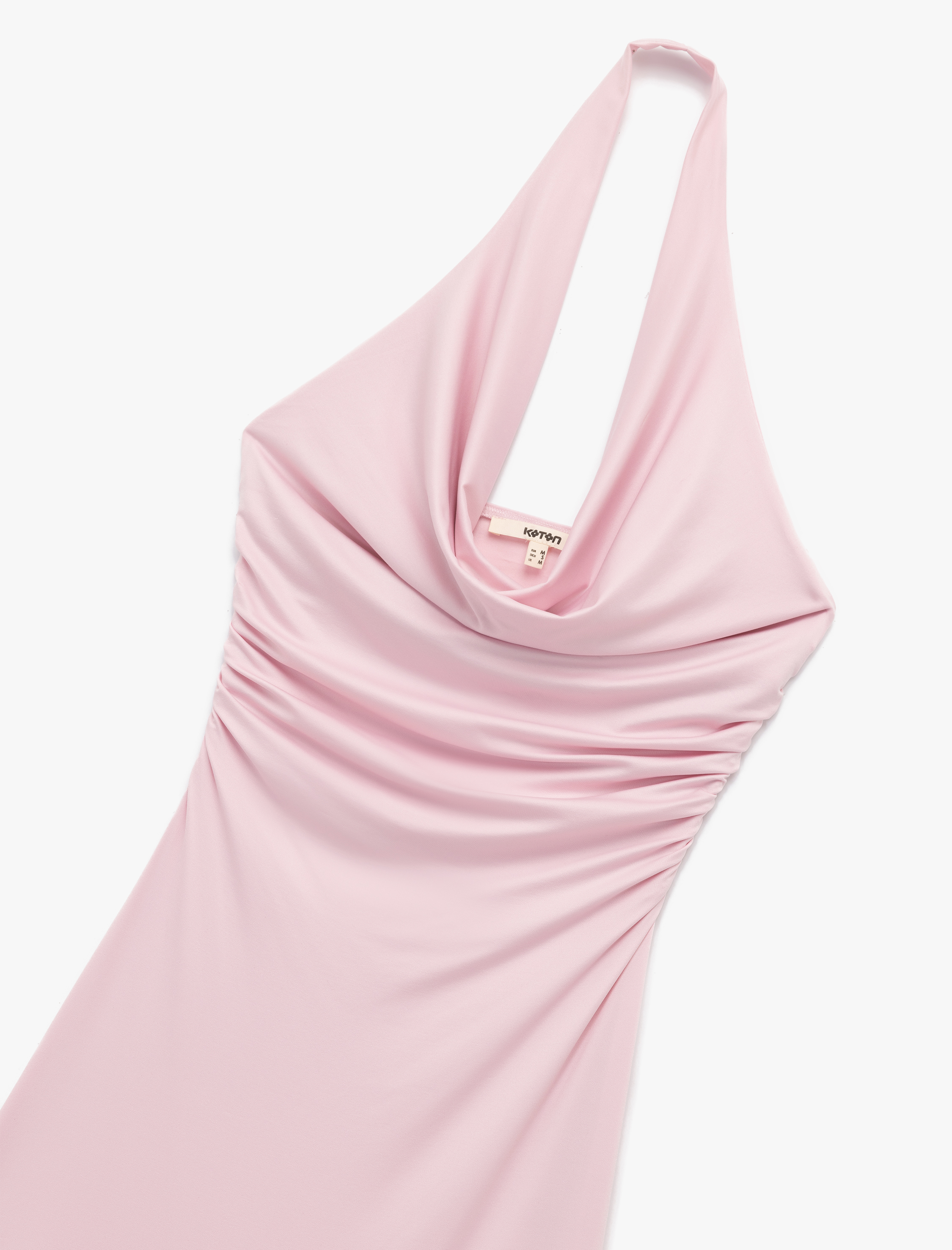   Slim Fit Asimetrik Kesim Sırt Dekolteli Fırfırlı Halter Yaka Elbise