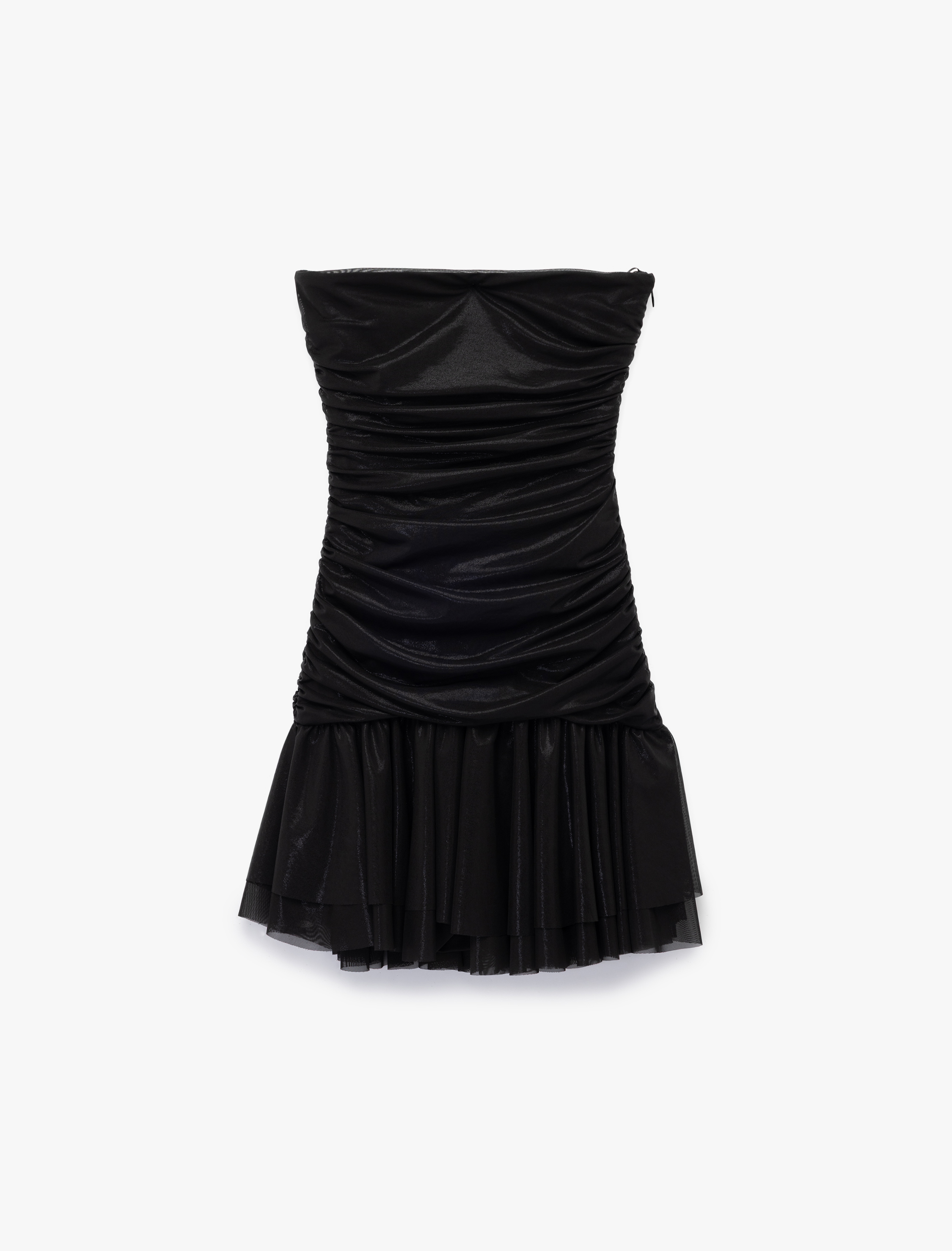   Straplez Drapeli Volanlı Mini Abiye Elbise