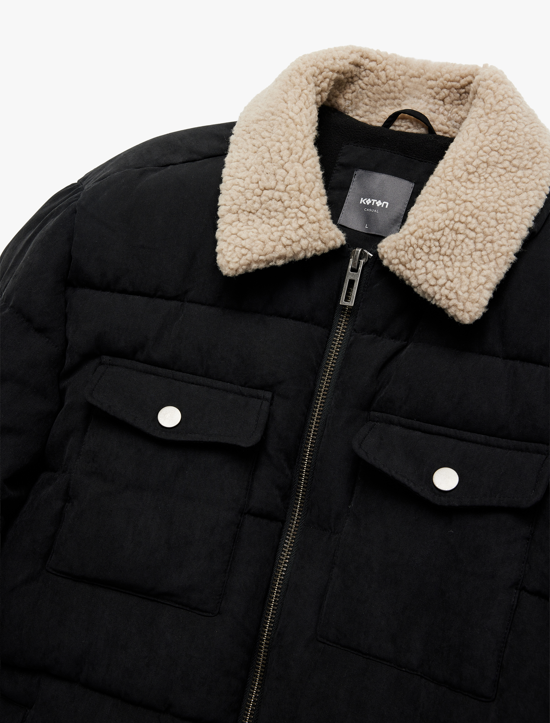   Uzun Kollu Cep Detaylı Fermuarlı Peluş Yaka Kışlık Mont