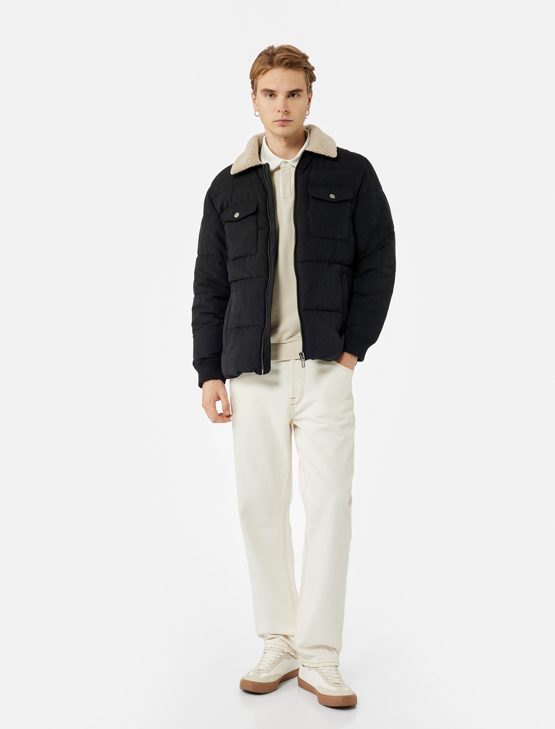   Uzun Kollu Cep Detaylı Fermuarlı Peluş Yaka Kışlık Mont