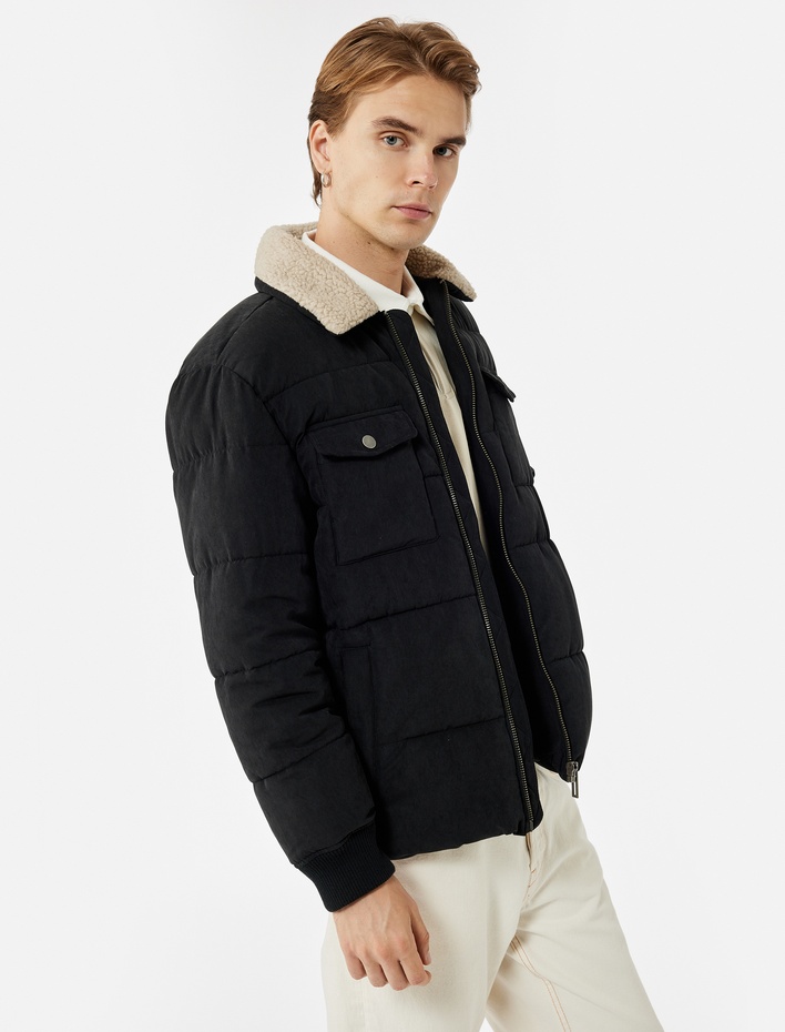  Uzun Kollu Cep Detaylı Fermuarlı Peluş Yaka Kışlık Mont