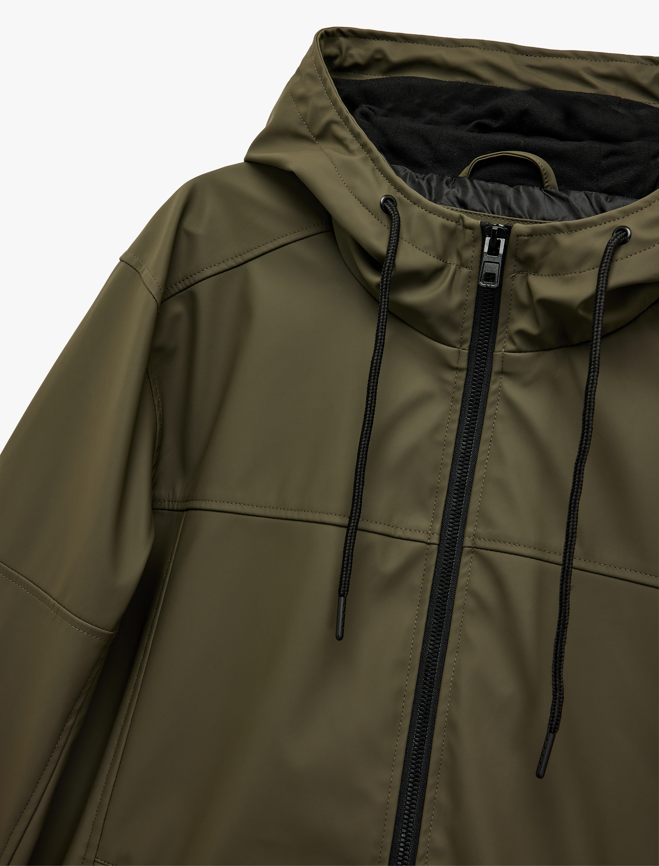   Uzun Kollu Fermuarlı Cep Detaylı Kapşonlu Yağmurluk