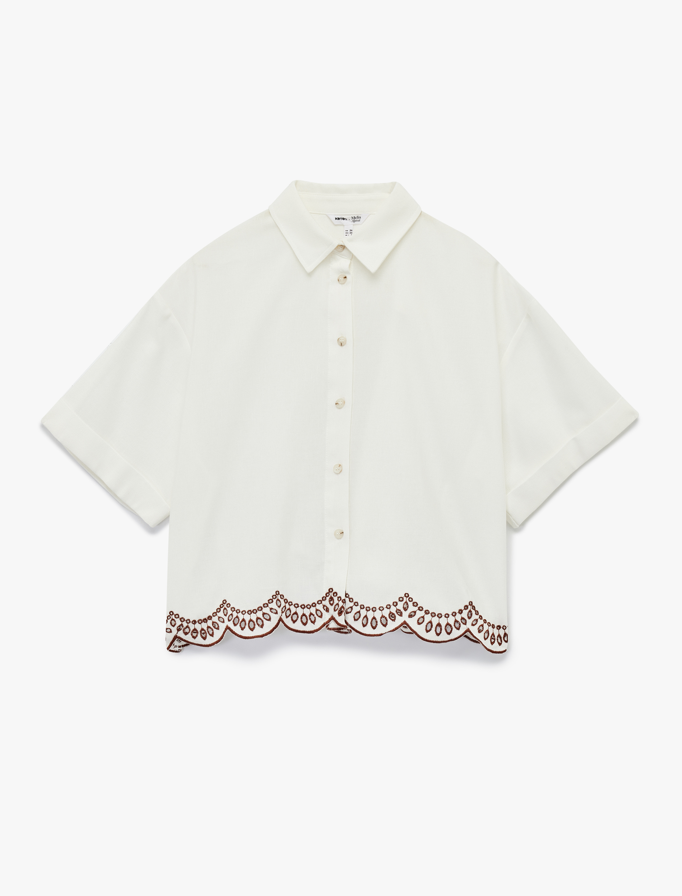 Koton X Melis Ağazat - Keten Karışımlı Bol Kalıp Fistolu Brode Detaylı Kısa Kollu Gömlek