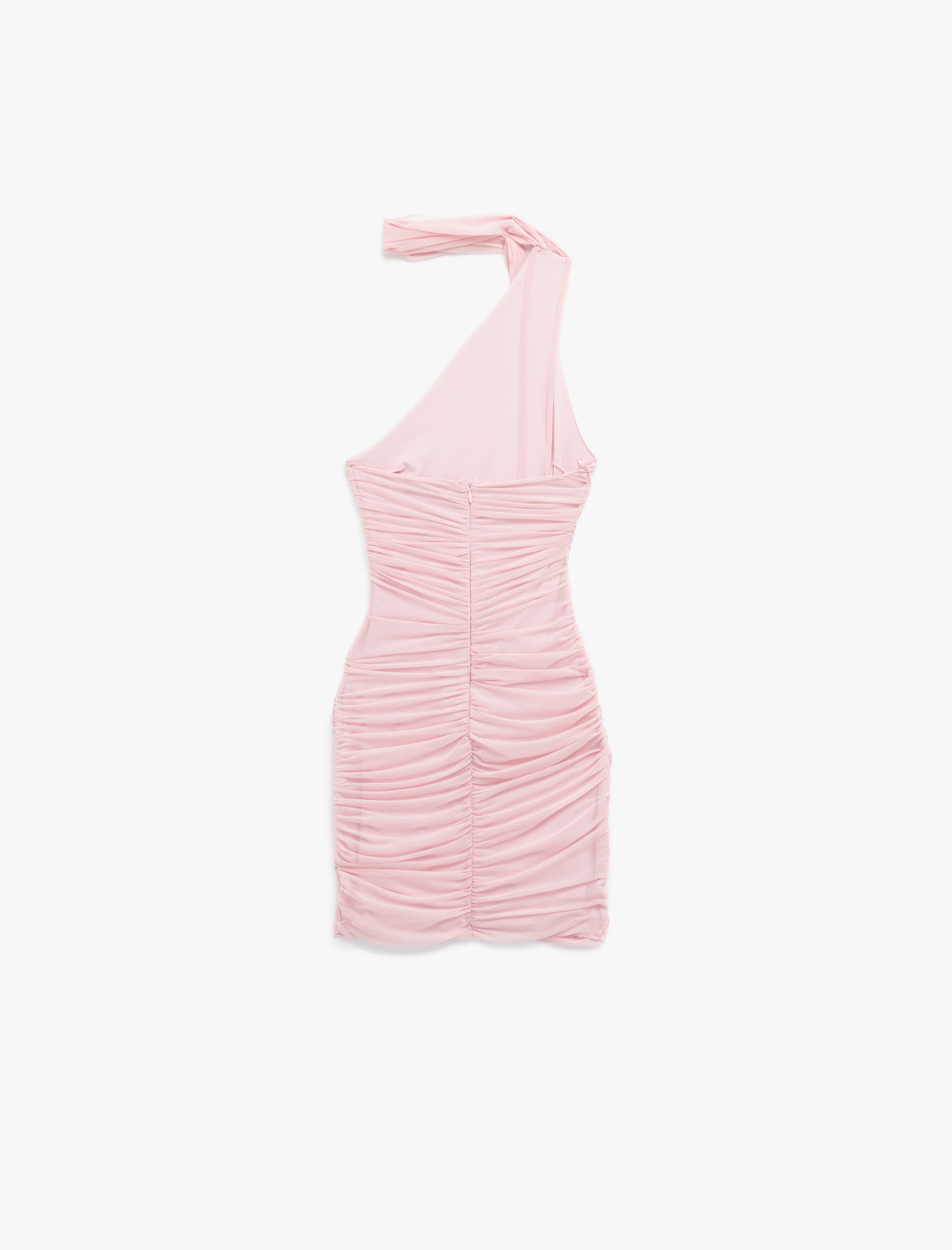   Tek Omuz Drapeli Boyundan Bağlamalı Tül Mini Abiye Elbise