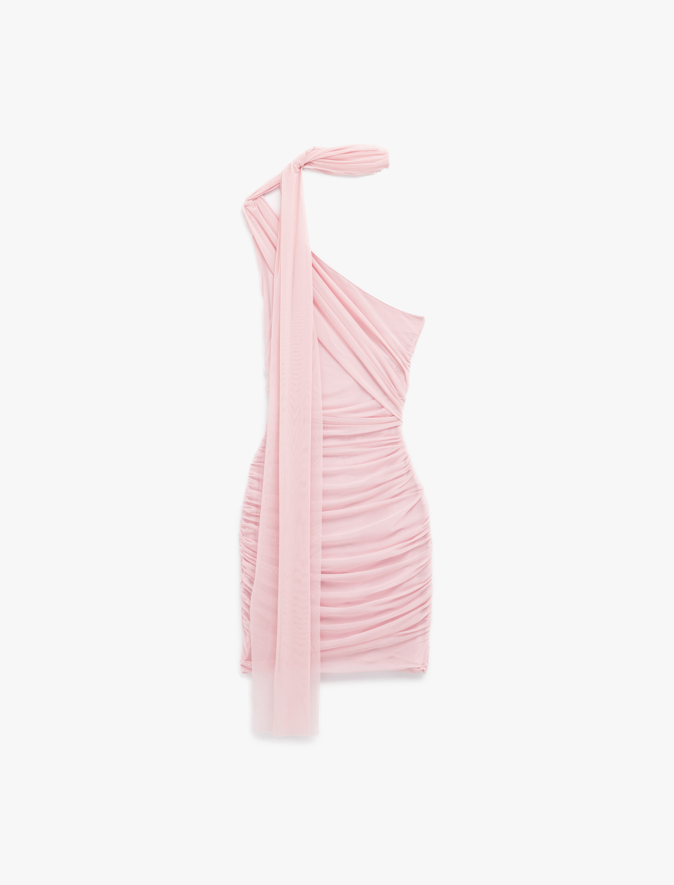   Tek Omuz Drapeli Boyundan Bağlamalı Tül Mini Abiye Elbise