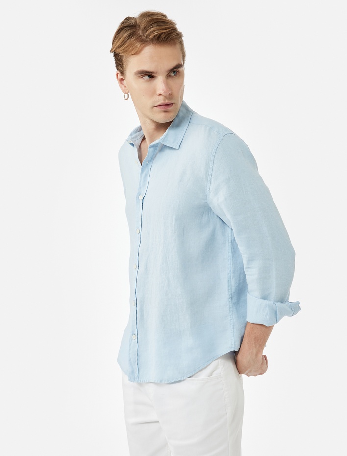  Regular Fit Düğmeli Klasik Yaka Uzun Kollu Keten Gömlek