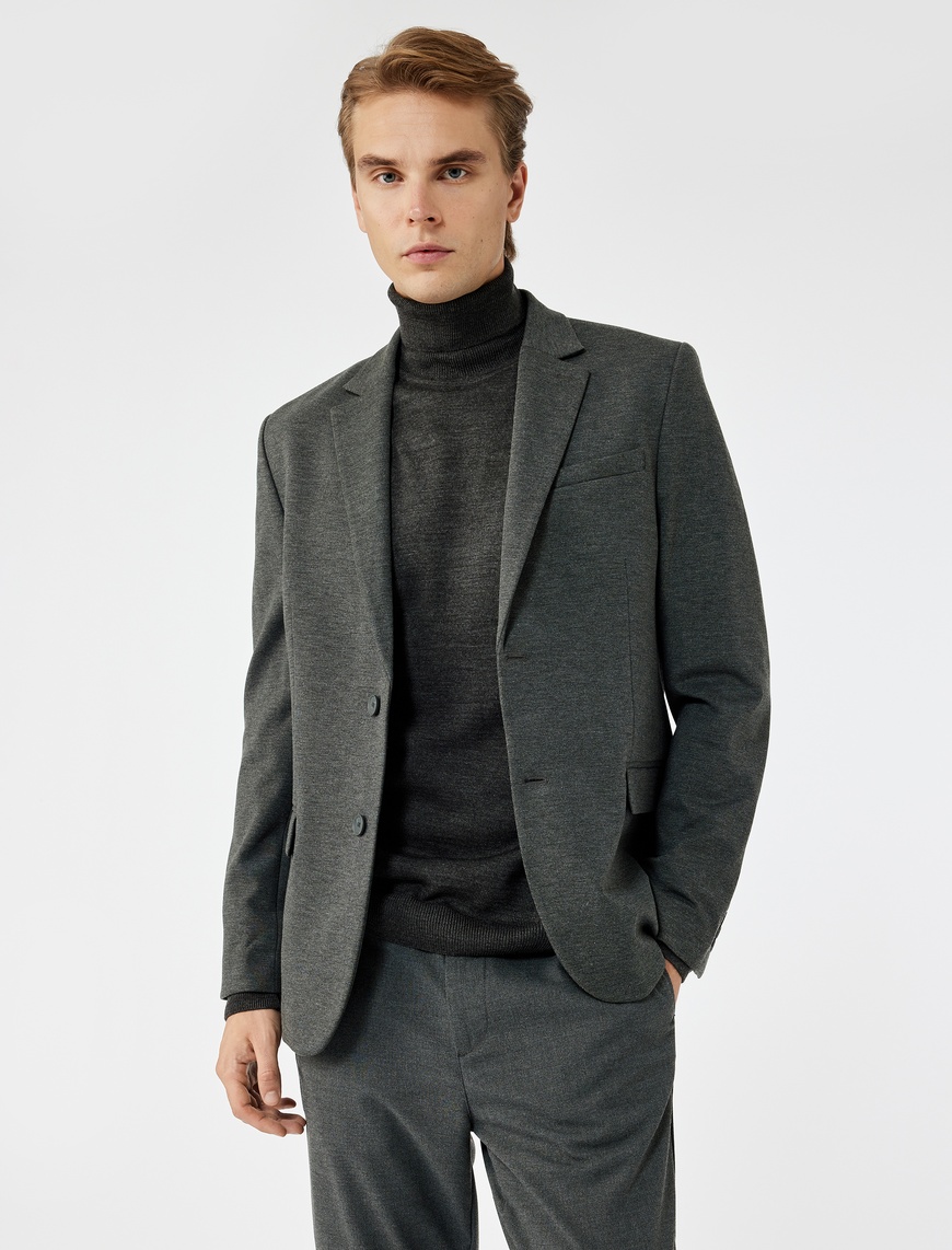   Slim Fit Kapaklı Cep Detaylı Uzun Kollu Mono Yaka Blazer Ceket