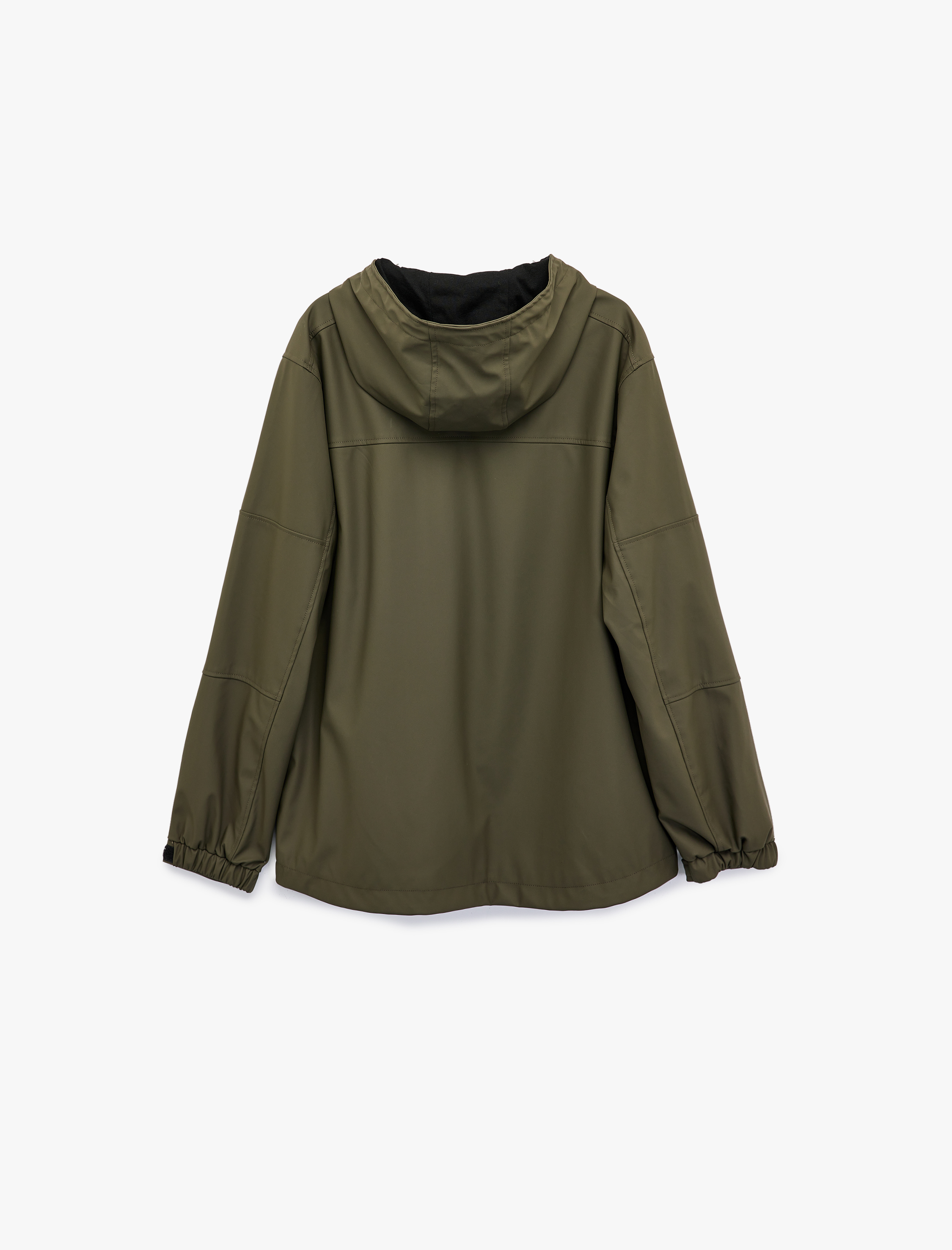   Uzun Kollu Fermuarlı Cep Detaylı Kapşonlu Yağmurluk