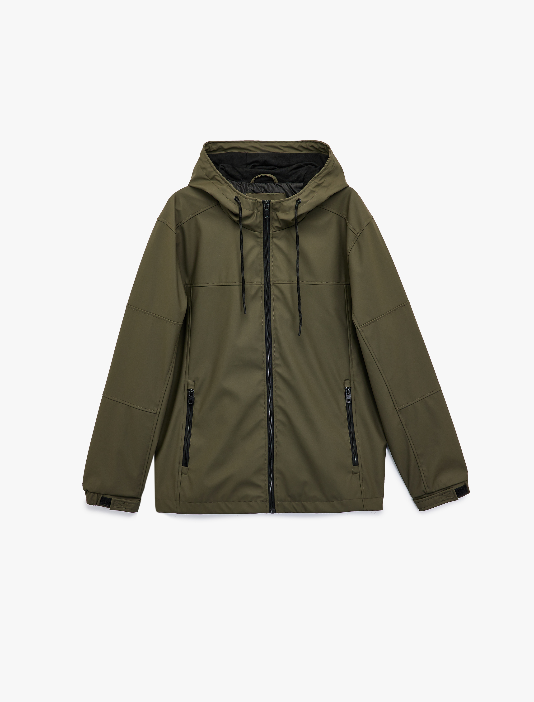   Uzun Kollu Fermuarlı Cep Detaylı Kapşonlu Yağmurluk