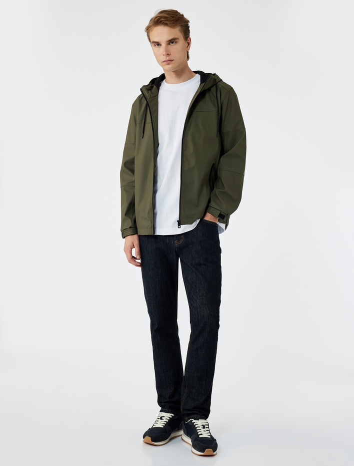  Uzun Kollu Fermuarlı Cep Detaylı Kapşonlu Yağmurluk